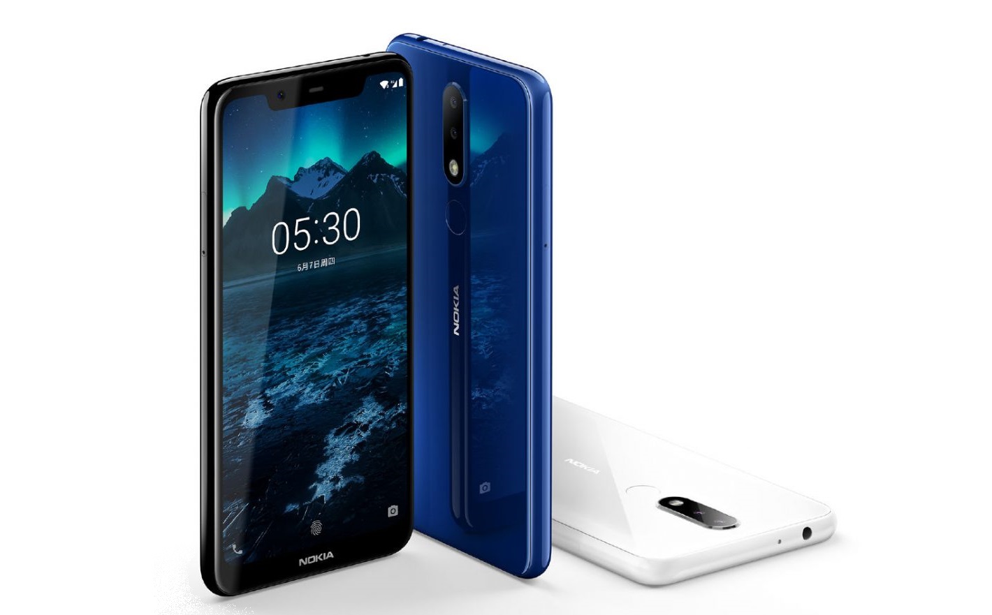 A Nokia X5 press photo in blue, black and white.