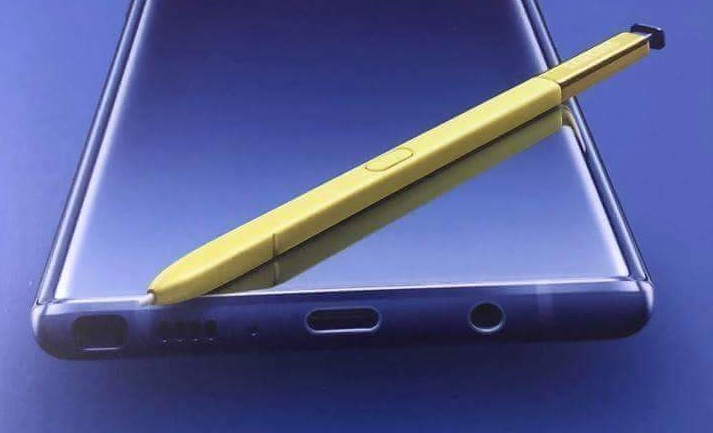 A leaked Samsung Galaxy Note 9 image featuring a purple handset with gold stylus.