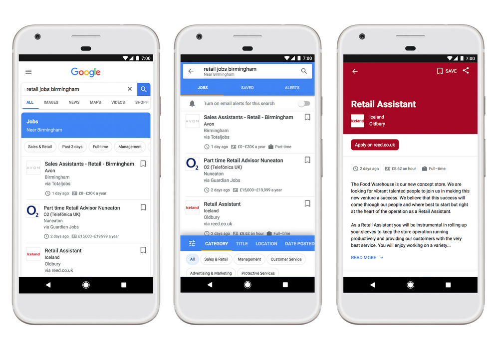 Google job search examples on a Pixel Android phone