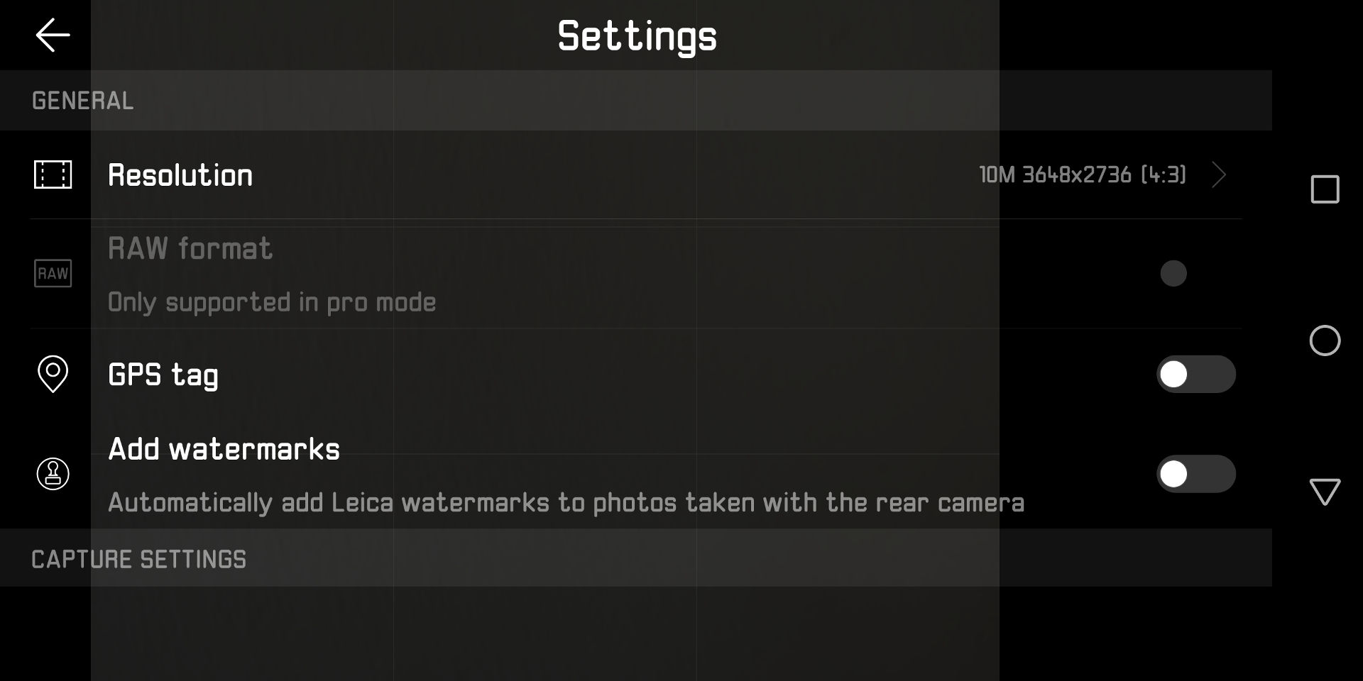 A few settings in the Huawei camera app.