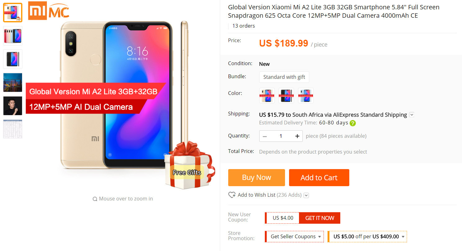 A purported Mi A2 Lite on Aliexpress.
