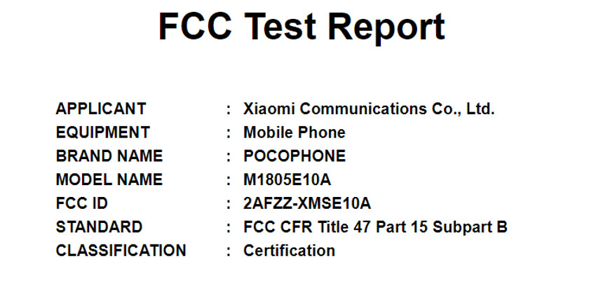 Xiaomi POCOPHONE on the FCC website.