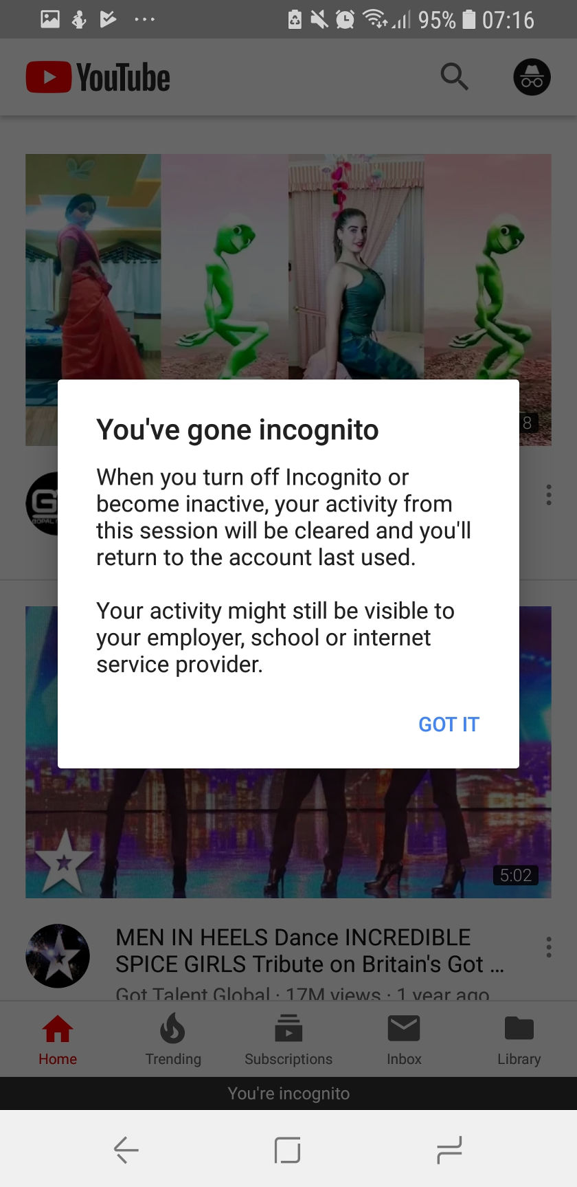 YouTube incognito mode.