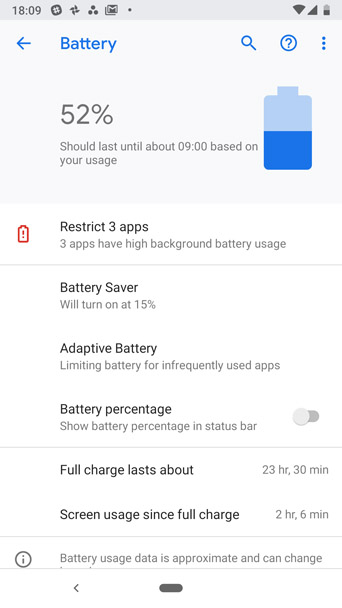 Android 9 Pie review Battery settings