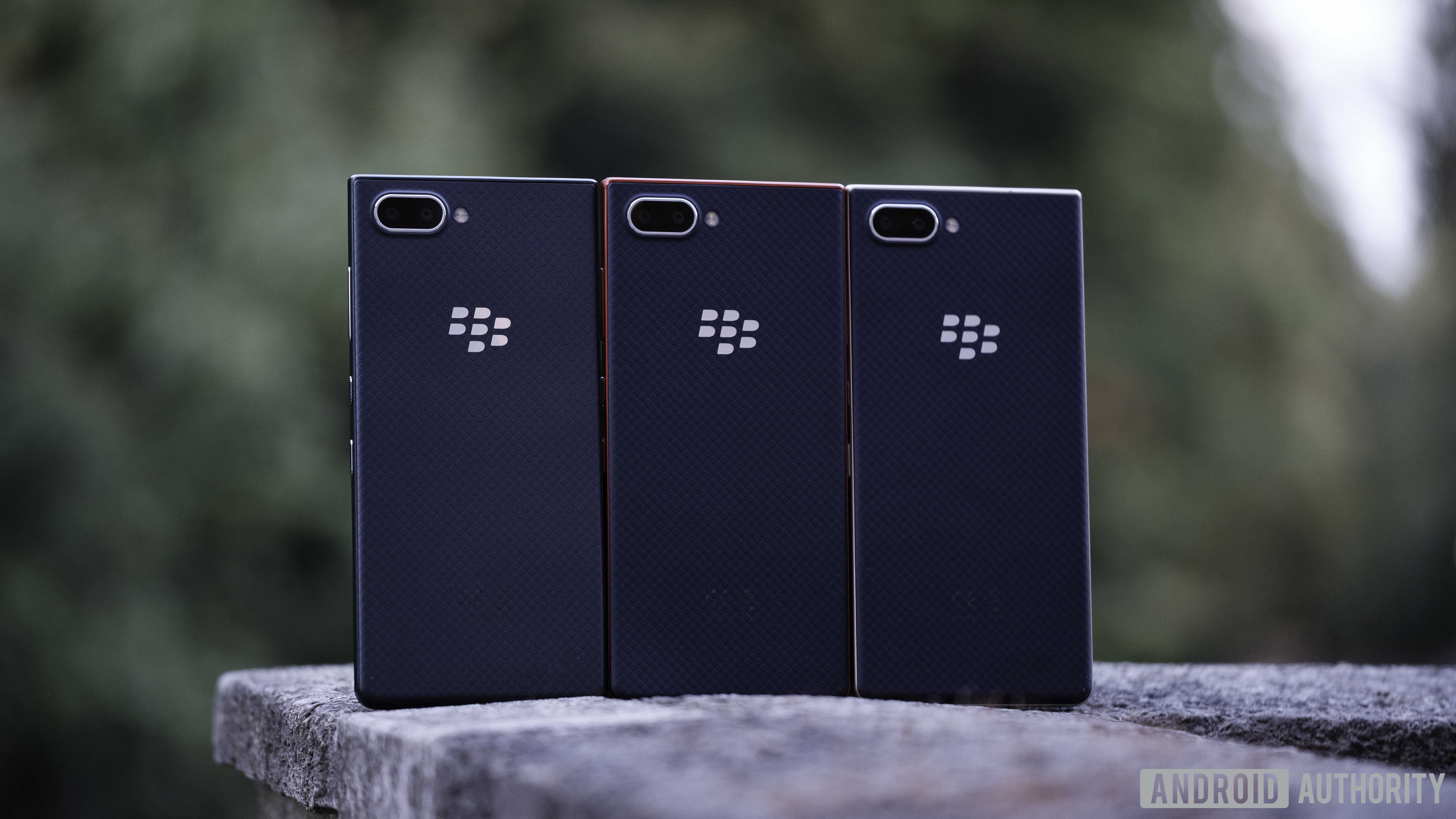 All three Blackberry Key2 LE color models showing backs, real dual-cameras, and buttons