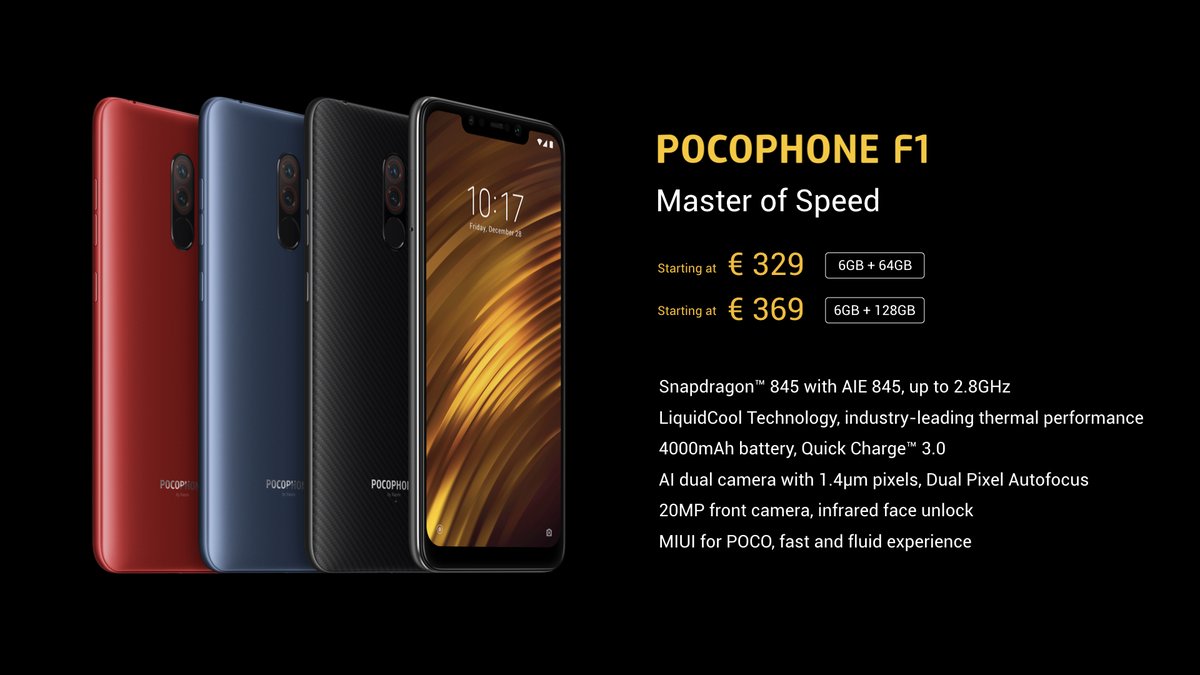 An image detailing the Xiaomi POCOphone F1 price in Europe.