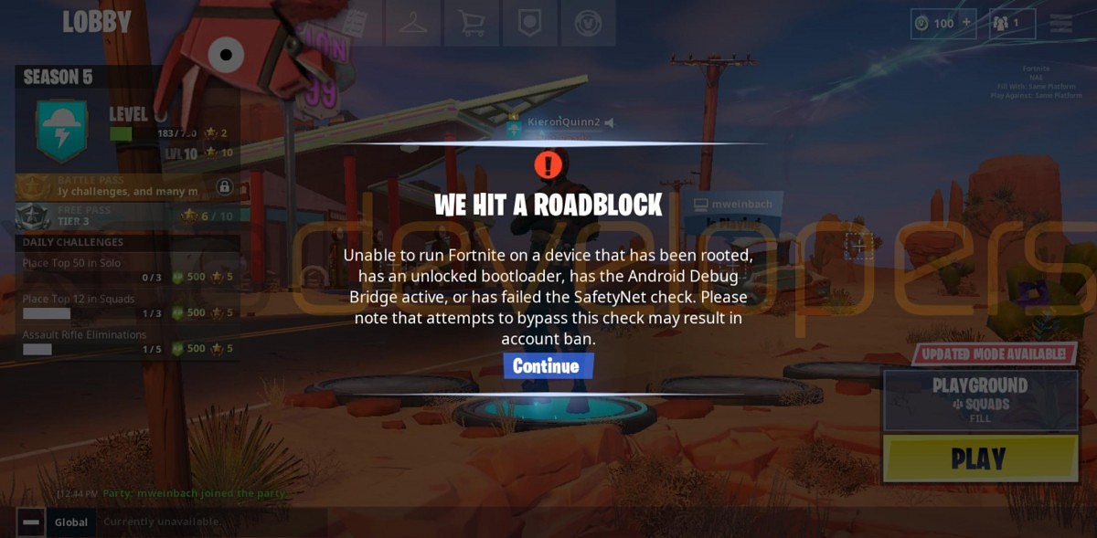 An error message that appears when attempting to play Fortnite for Android on a OnePlus 6.
