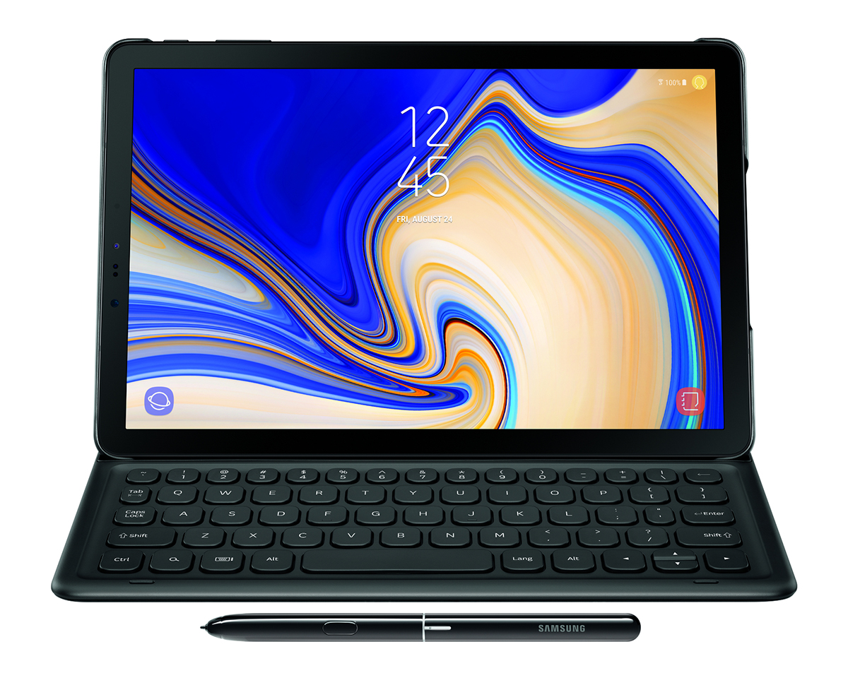An image of the Samsung Galaxy Tab S4 with keyboard cover and stylus.