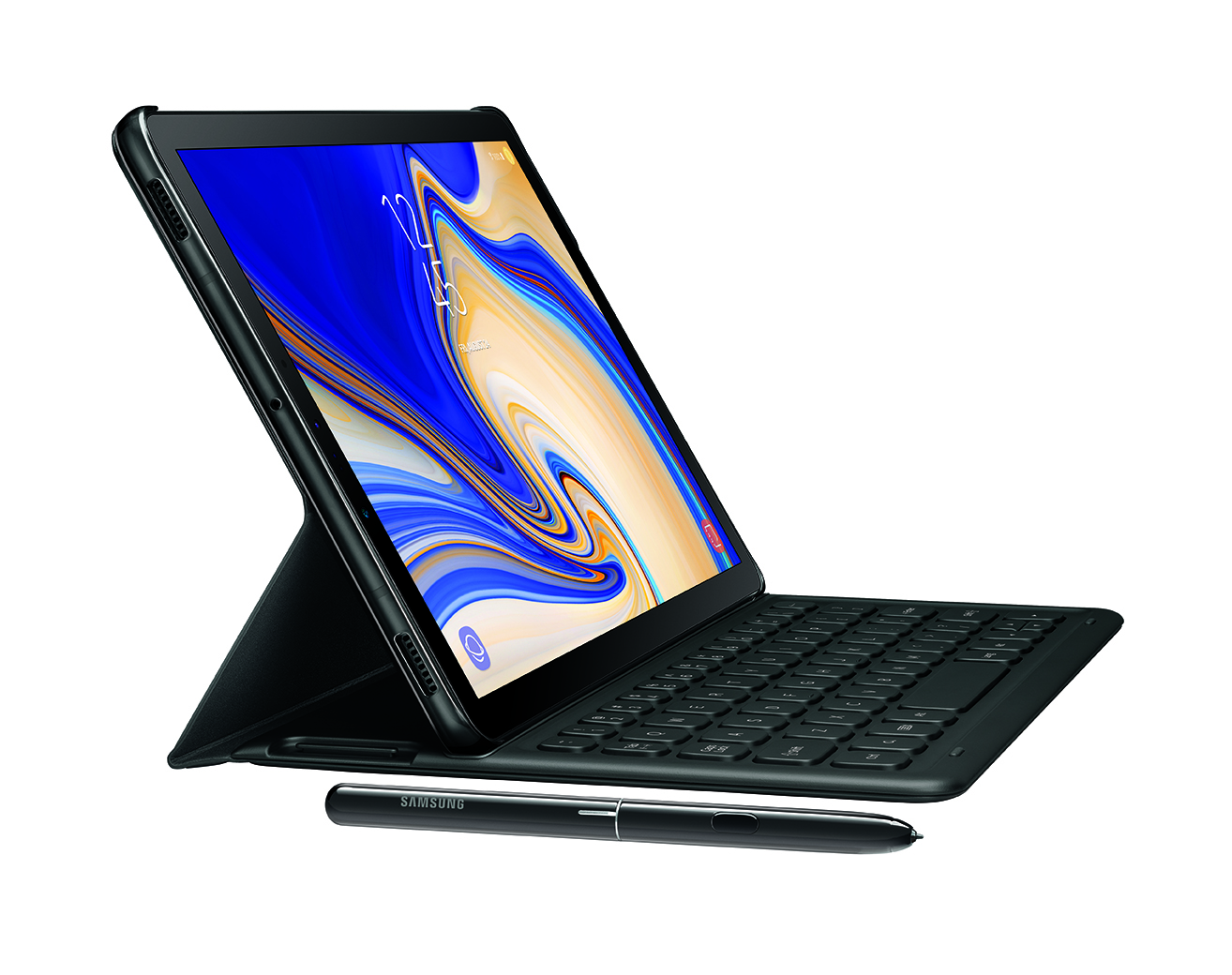 An image of the Samsung Galaxy Tab S4 with keyboard cover and stylus.