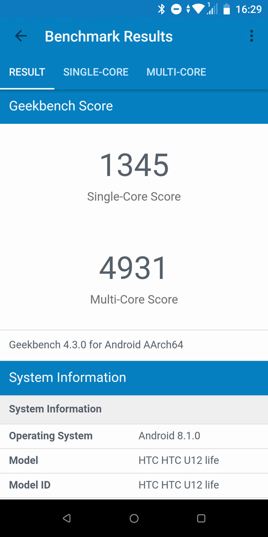 HTC U12 Life Geekbench benchmark