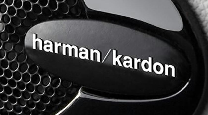 A closeup of the Harman Kardon logo on a speaker.