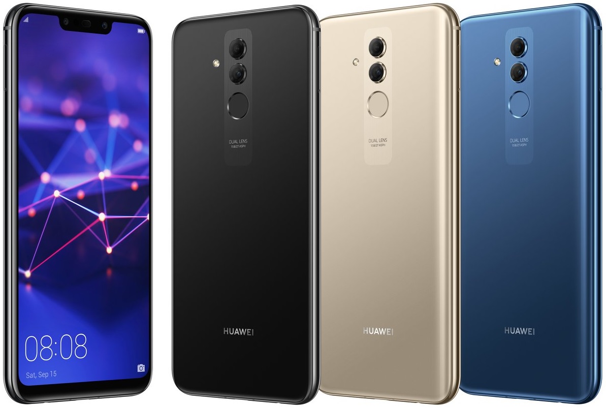 Leaked images of the HUAWEI Mate 20 Lite, in black, gold, and blue.