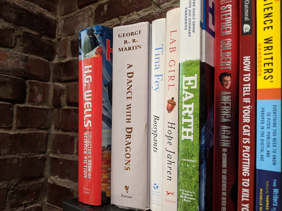 An image of books on a shelf with a brick wall behind them.