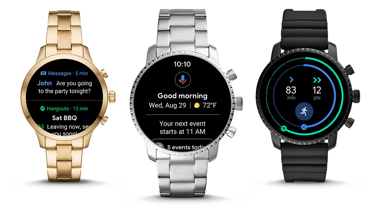 Three Wear OS smart watches running the Wear OS redesign of 2018.