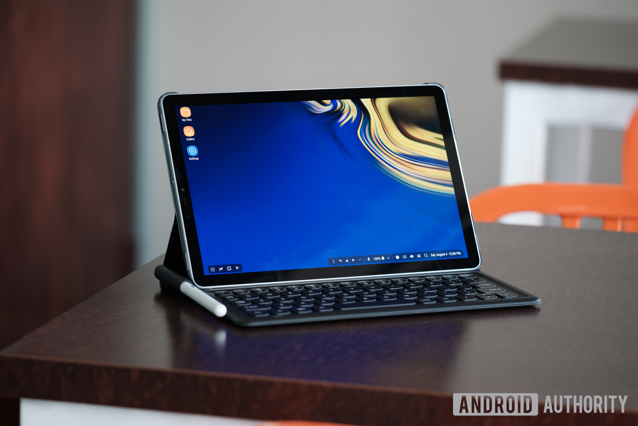 Samung Galaxy Tab S4 on table open with keyboard