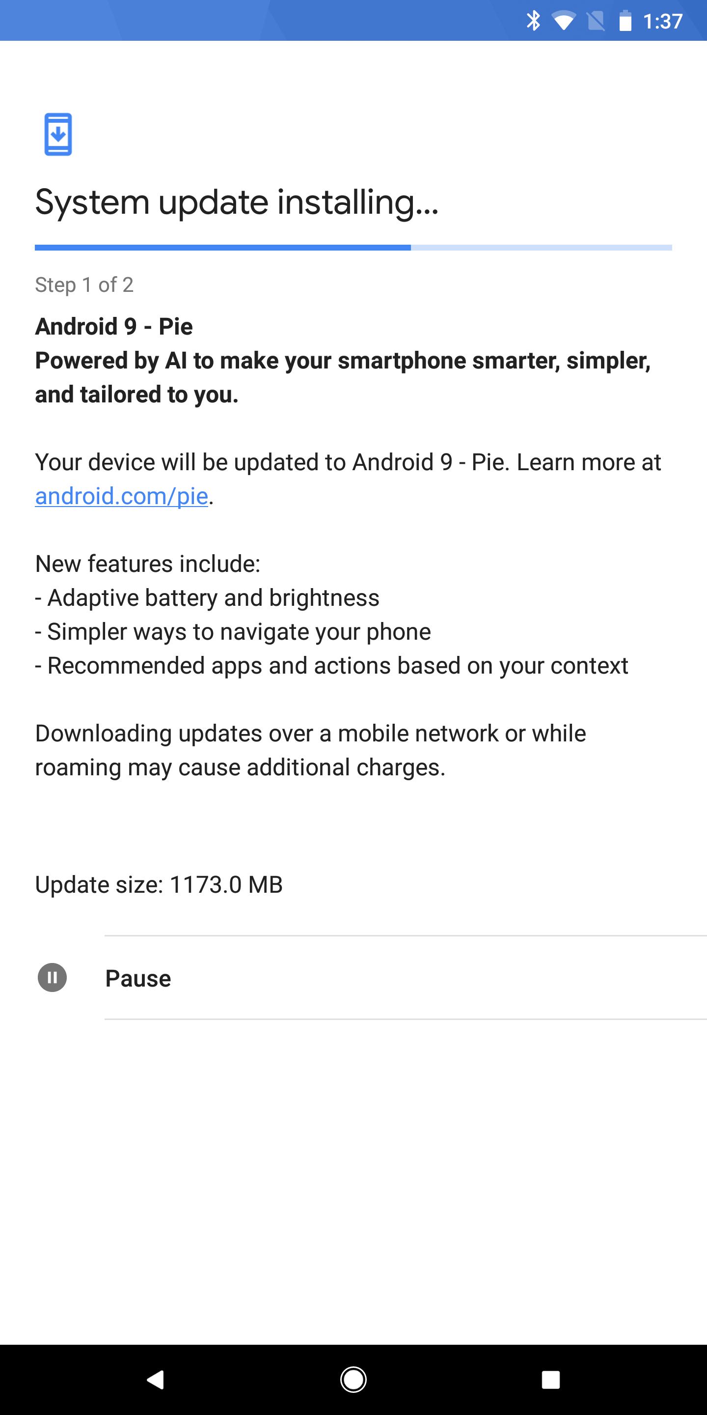 A screenshot of the Google Pixel 2 XL receiving the Android 9.0 Pie OTA.