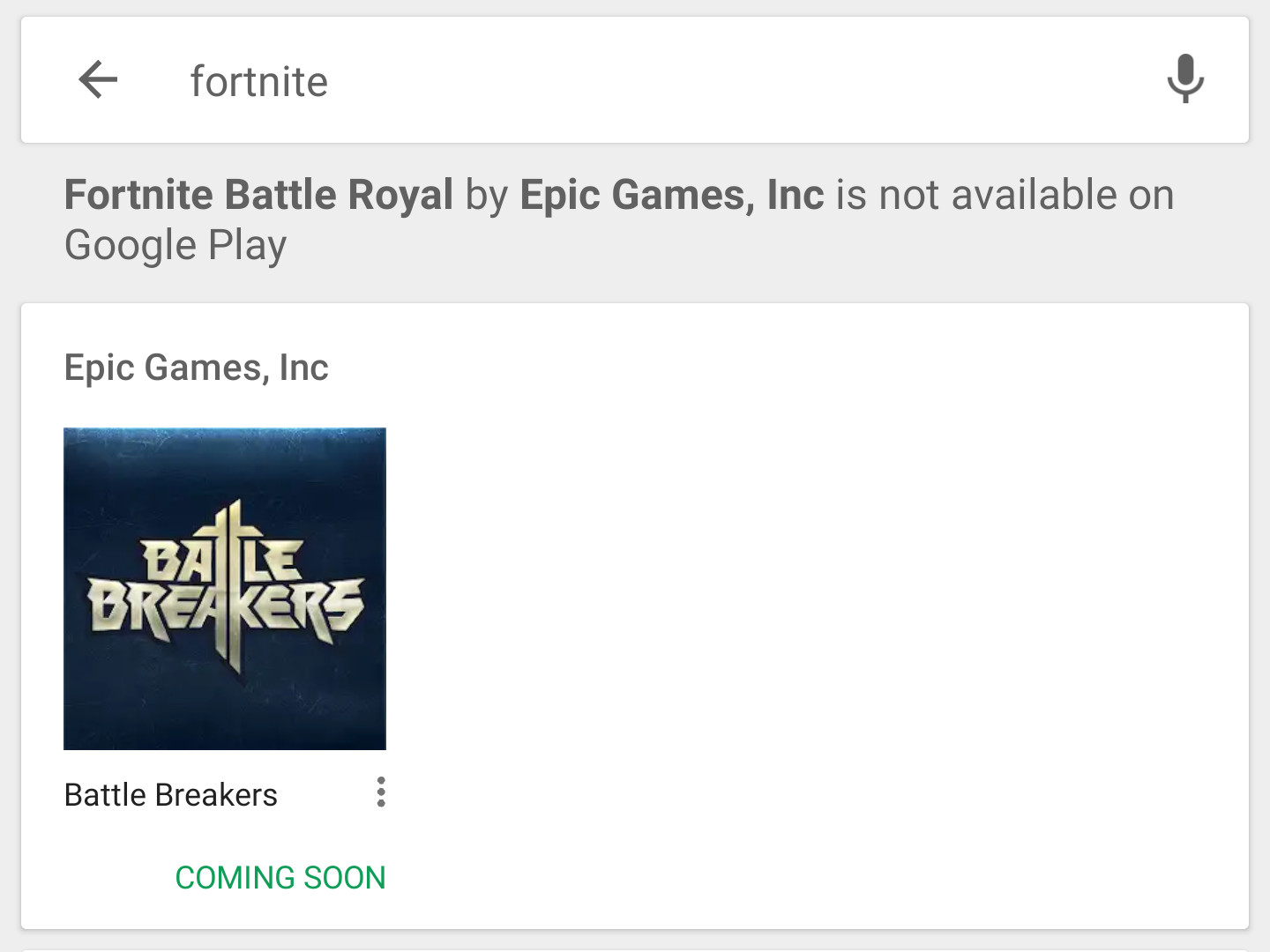 A screenshot of the warning one see when searching for Fortnite on the Google Play Store.