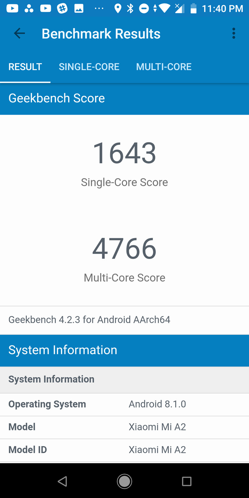 Xiaomi Mi A2 GeekBench 4 benchmark