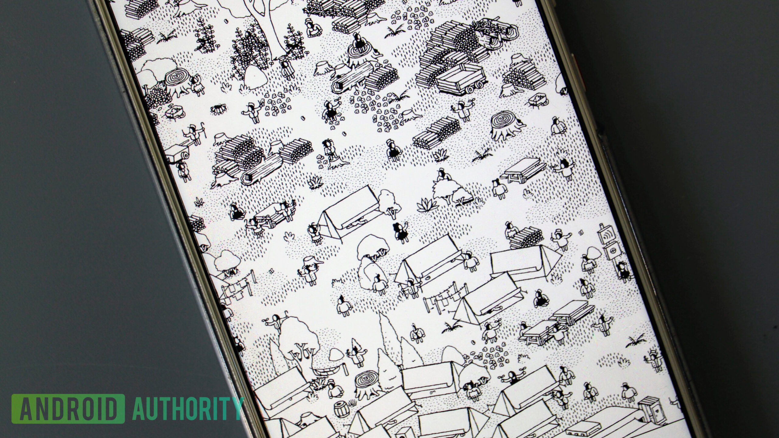 A close-up screenshot from Hidden Folks showing the black and white illustrations.