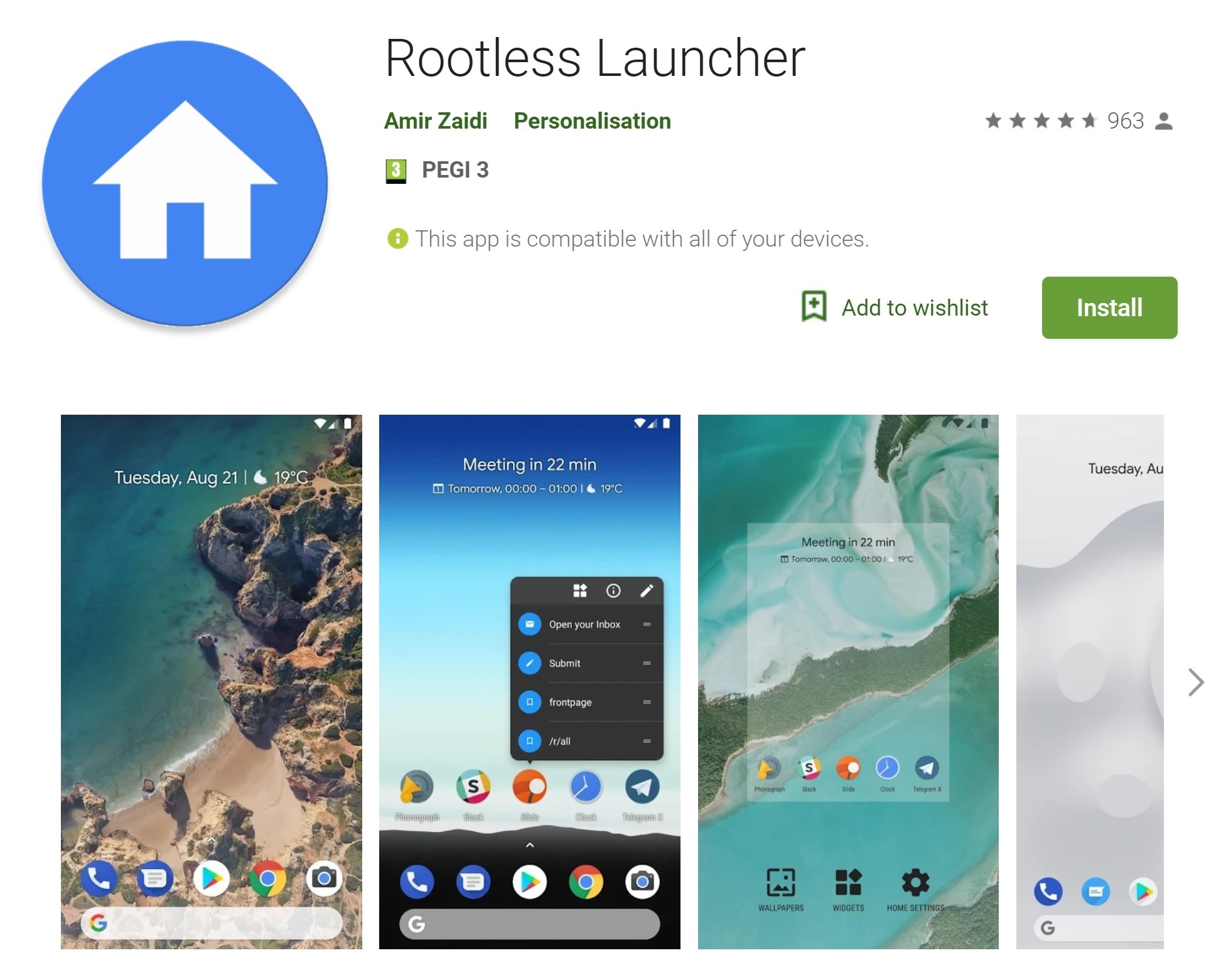 The Rootless Pixel Launcher app page in the Google Play Store.