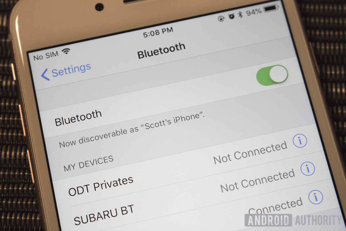 A closeup shot of the iOS Bluetooth Settings as seen on an iPhone 8 Plus in 2018.