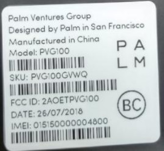 A Palm PVG100 label from the FCC website.