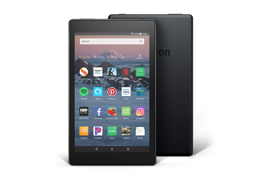 An image depicting the front and back of an Amazon Fire HD 8 tablet, the 2018 model.