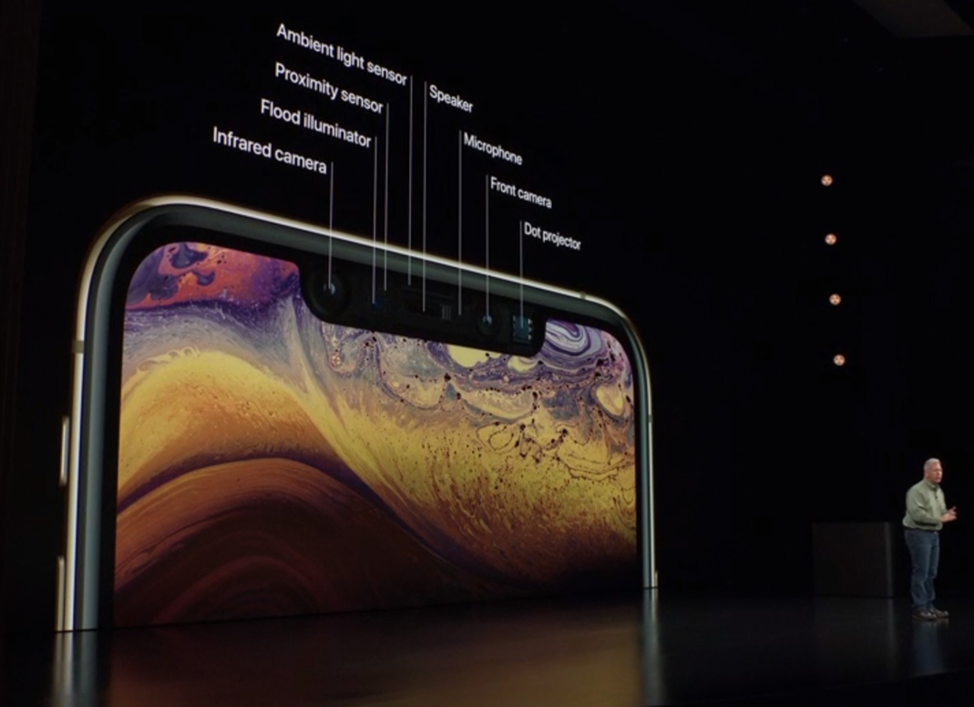 A shot detailing the front-facing sensors on the Apple iPhone XS.