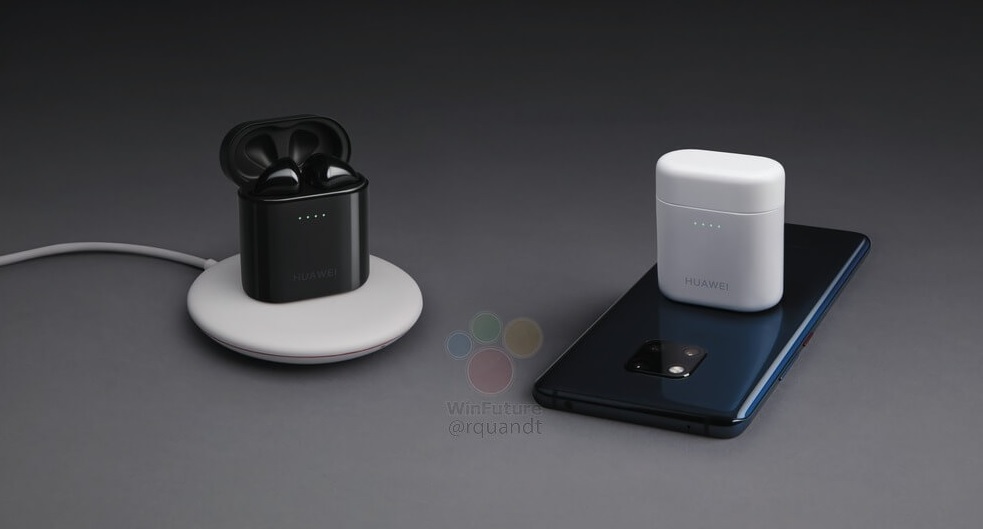 A leaked render of the HUAWEI Freebuds 2 Pro wirelessly charging on the back of a HUAWEI Mate 20 smartphone.