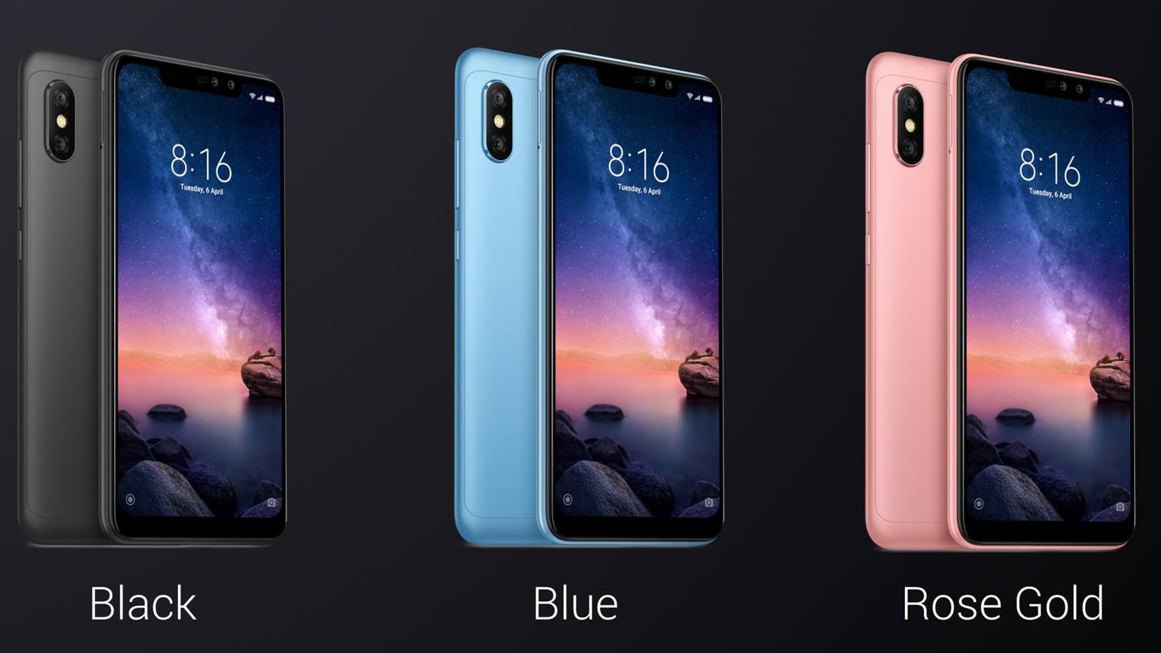 The Redmi Note 6 Pro in three colors.