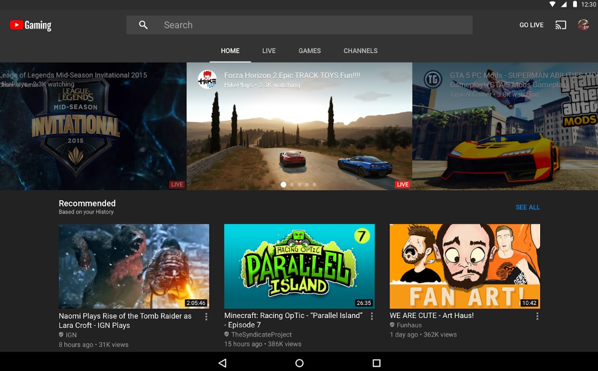 A screenshot of the tablet display of the YouTube Gaming app.