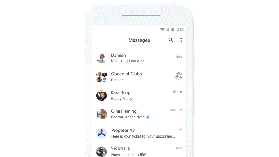 Android Messages GIF showing the new search history functionality. 