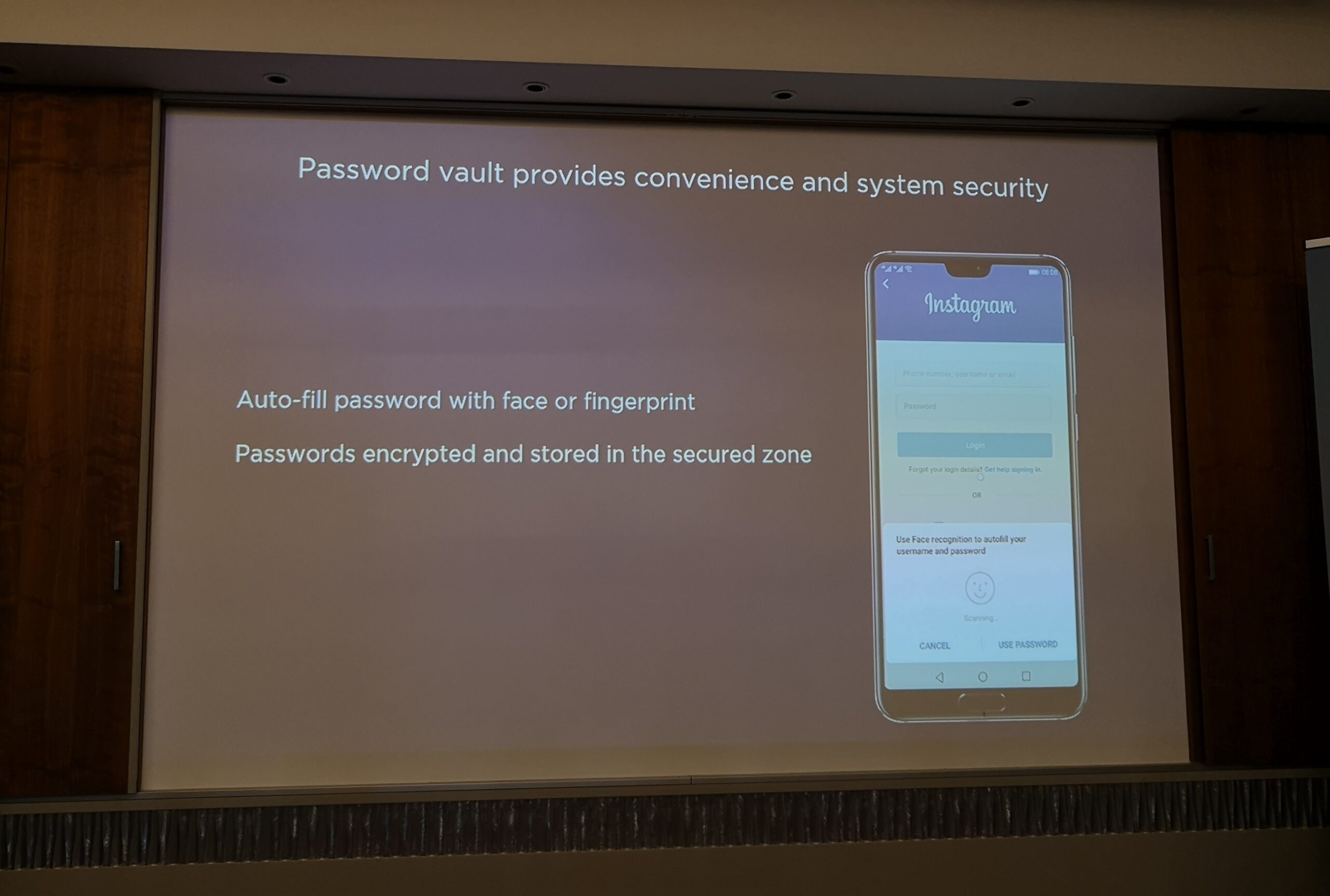 HUAWEI password vault details from a slide.