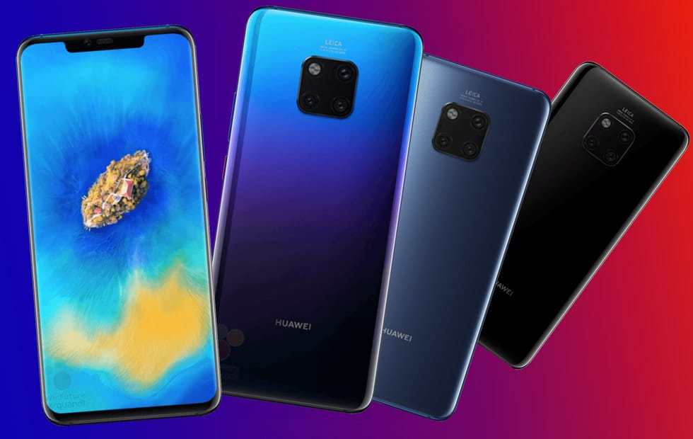 HUAWEI Mate 20 devices in a row of four.