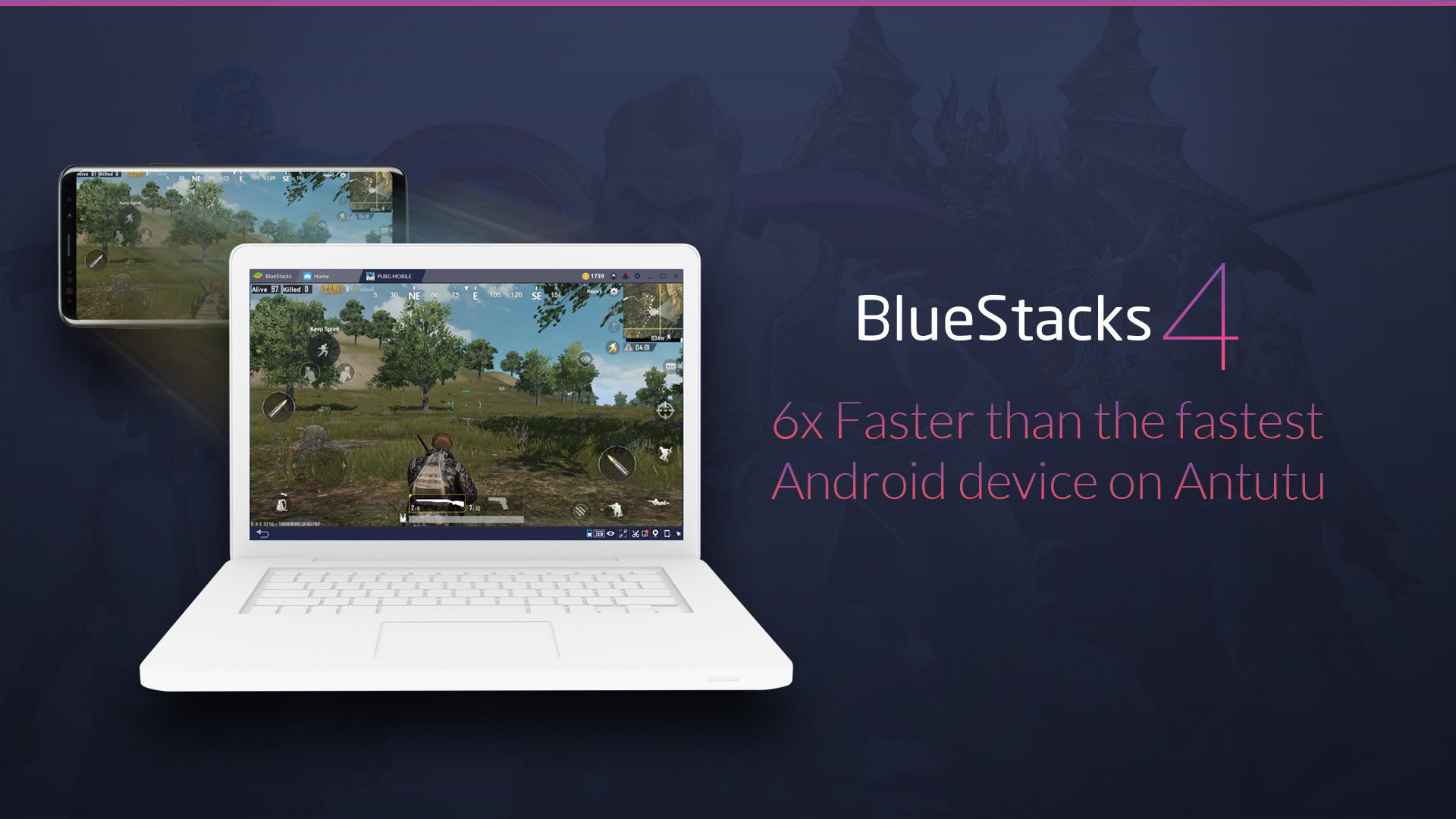 Renders of BlueStacks 4 on a laptop.