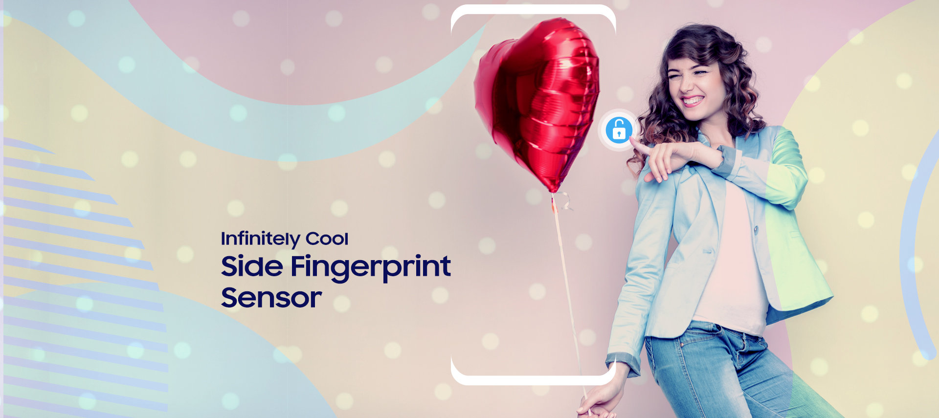 An advertisement for the Samsung Galaxy J6 Plus with a woman pointing at the side of the device, suggesting it will have a side-mounted fingerprint sensor.