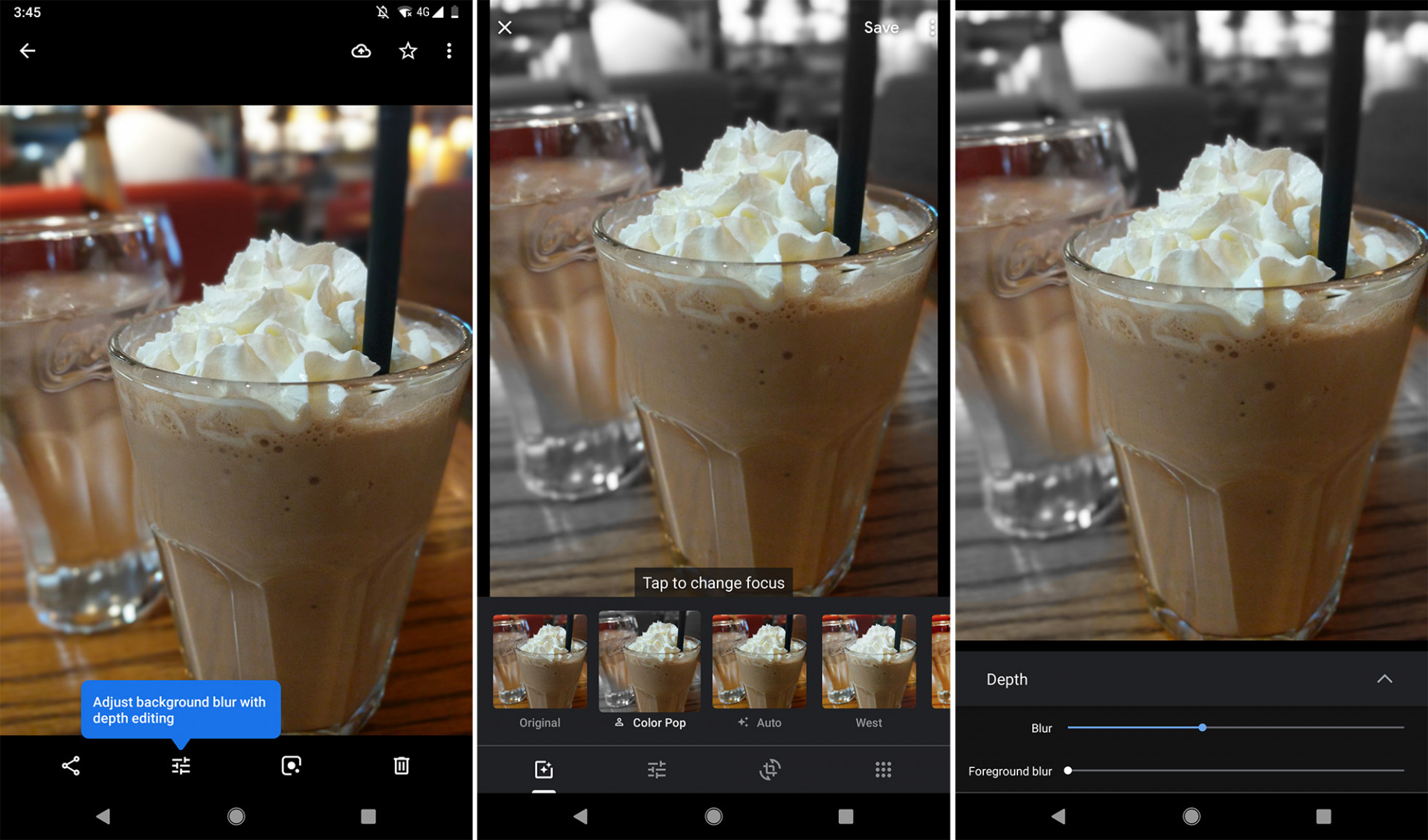 Screenshots of a test phase of the Google Photos manual bokeh effect option.