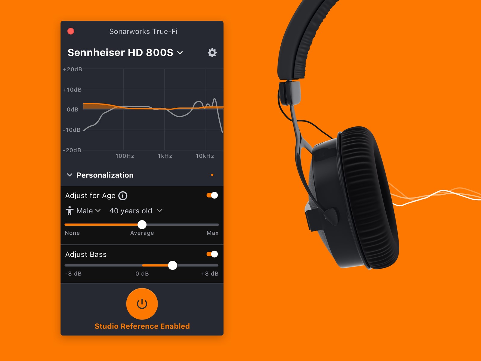 SonarWorks True-Fi software product image with orange background and Sennheiser HD 800S on left half of the image.
