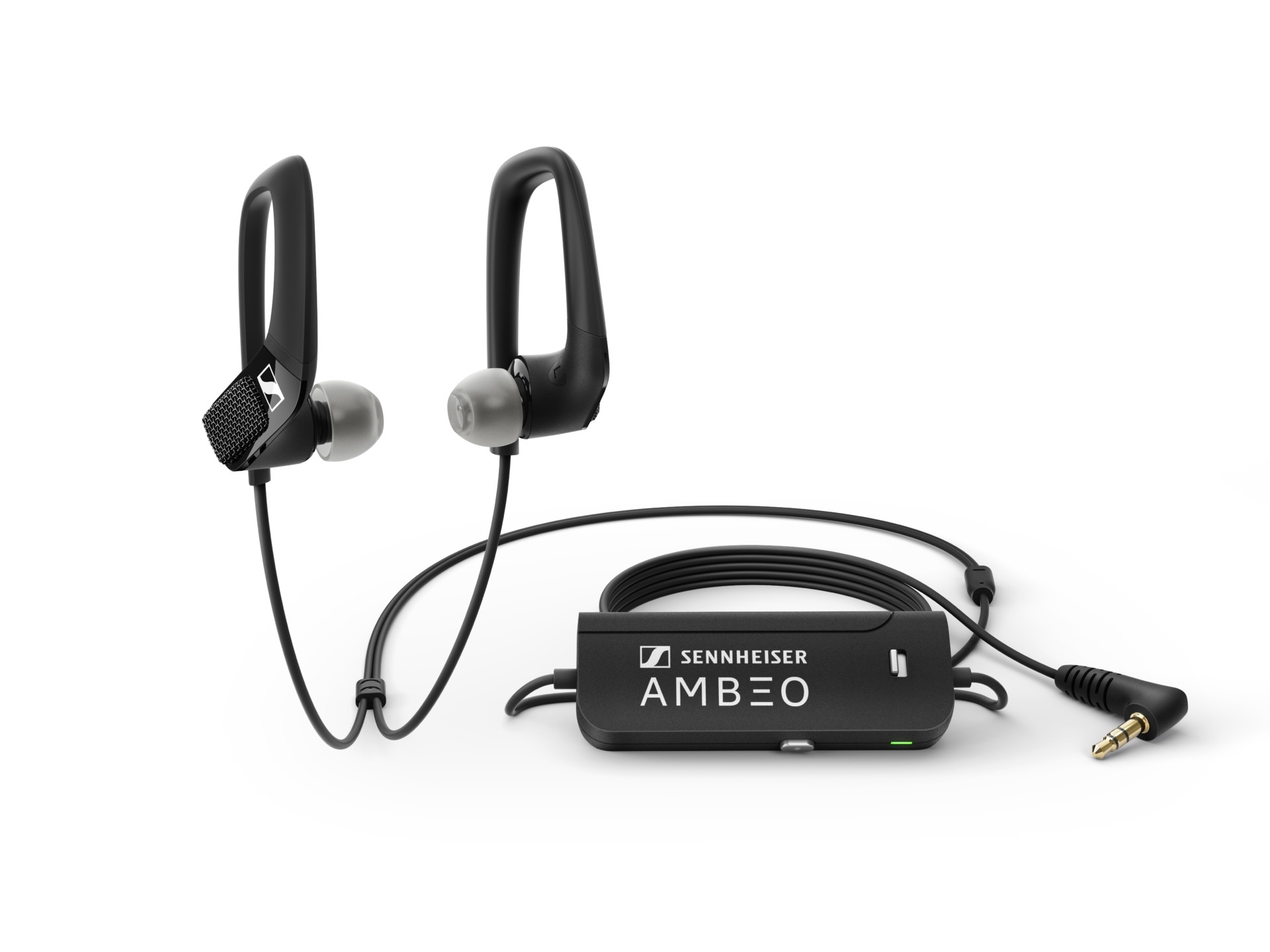 Sennheiser Ambeo AR One earphones product image detailing remote on white background.