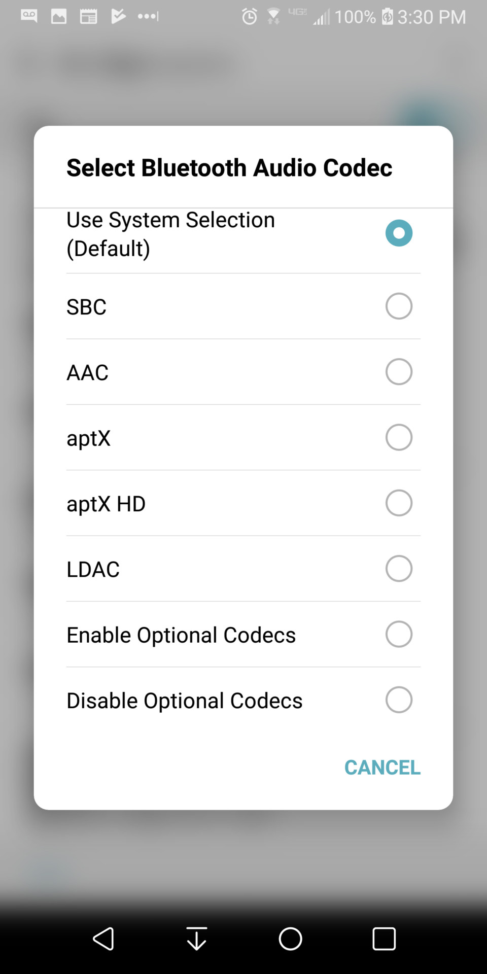 Screen shot on LG V40 depicting the forced Bluetooth codec options.