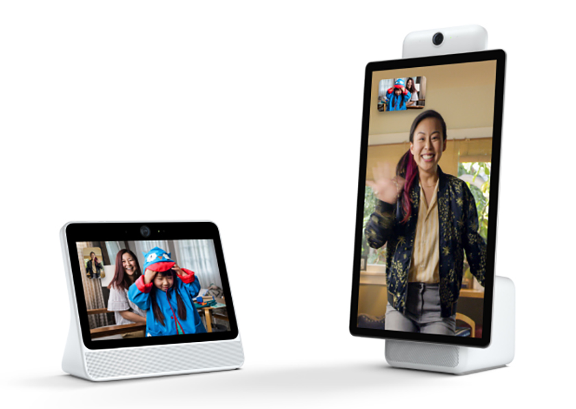 A publicity image of Facebook Portal and Portal Plus on a white background.