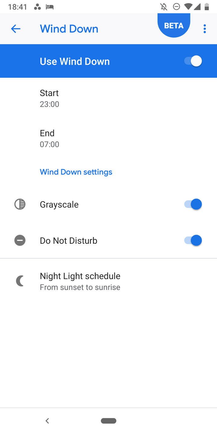 Google Pixel 3 - Wind Down Mode settings