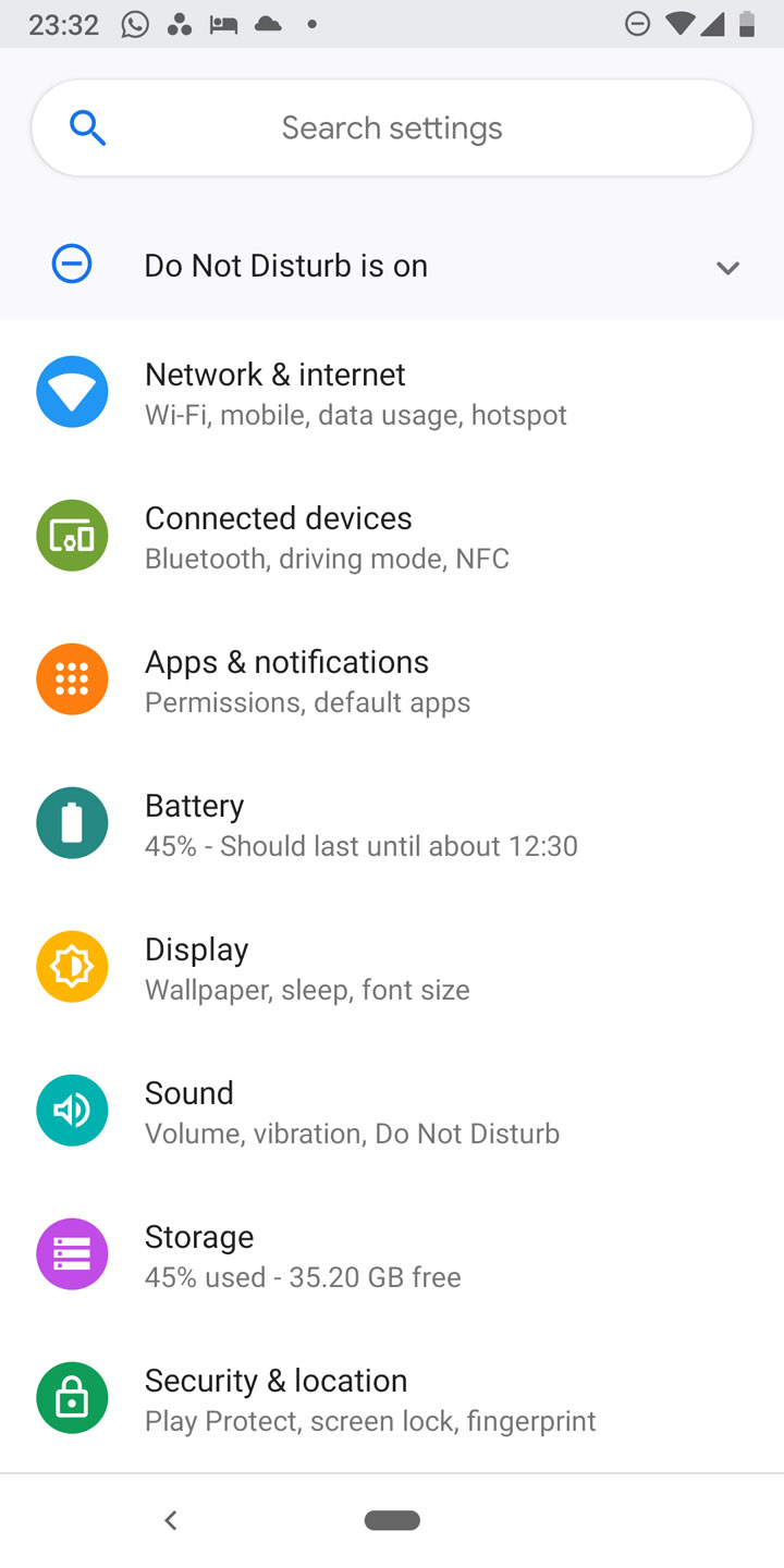 Google Pixel 3 - settings menu