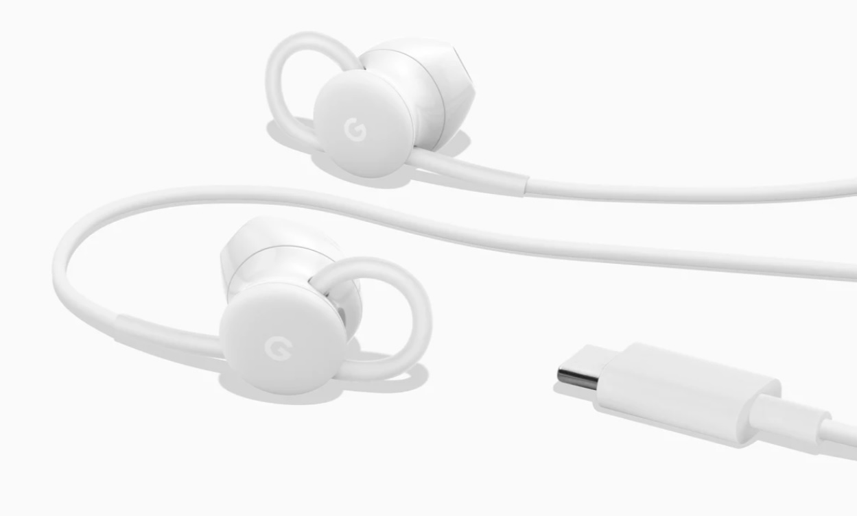 A promotional image of the Google Pixel USB-C earbuds.