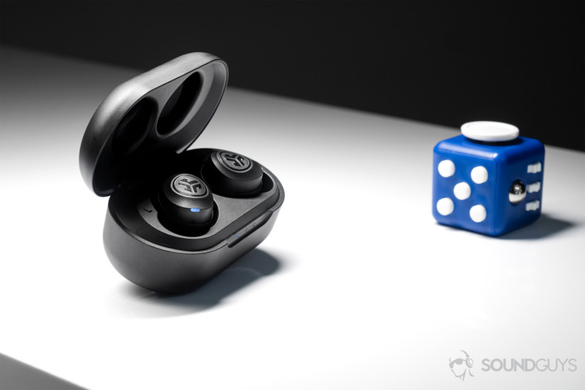 Jlab Jbuds Air true wireless: The earbuds in the case which is open and angled away (slightly) from the lens.