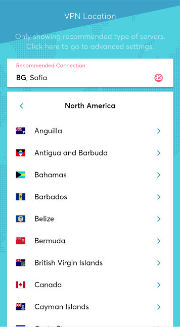 Keezel settings menu showing VPN options in North America