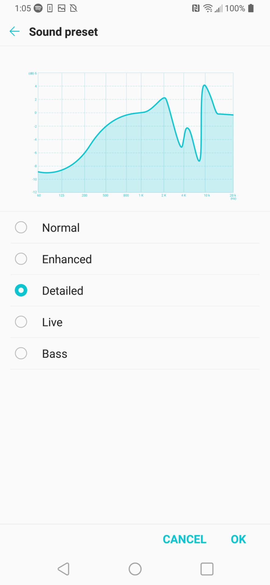 LG V40 ThinQ screenshot of sound presets.
