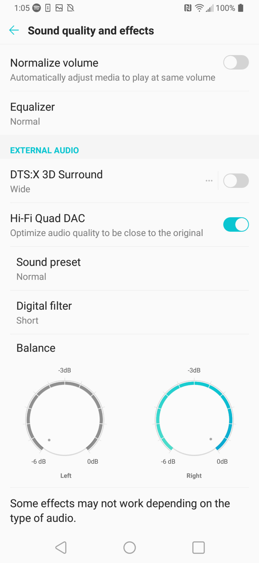 LG V40 ThinQ screenshot of sound quality and effects menu.