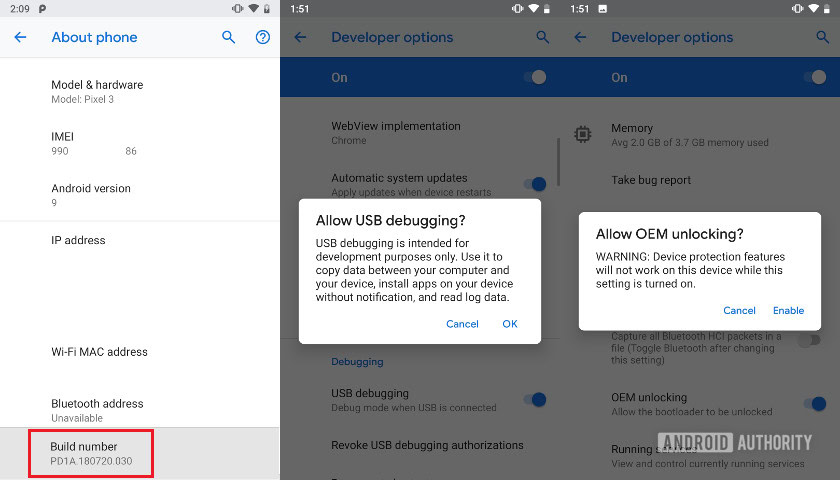 Google Pixel 3 OEM Unlock and USB Debugging settings