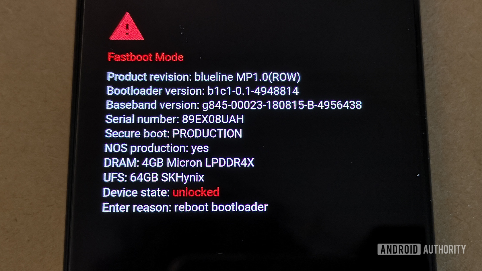 Fastboot screen showing the Pixel 3 bootloader unlocked